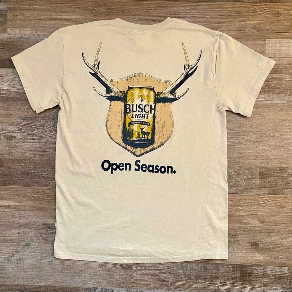 Junk Food Busch T-Shirt • NEW • Open Season Graphic Small Earth Beige Cotton